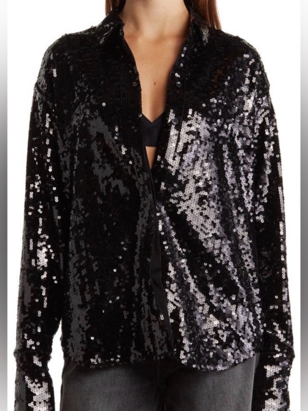 Good American Black Sequin Button-Up Shirt